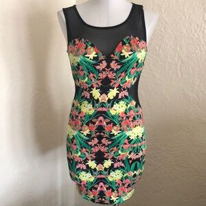 Yellow & Pink Floral Sheer Black Mesh Cutout Body Con Dress